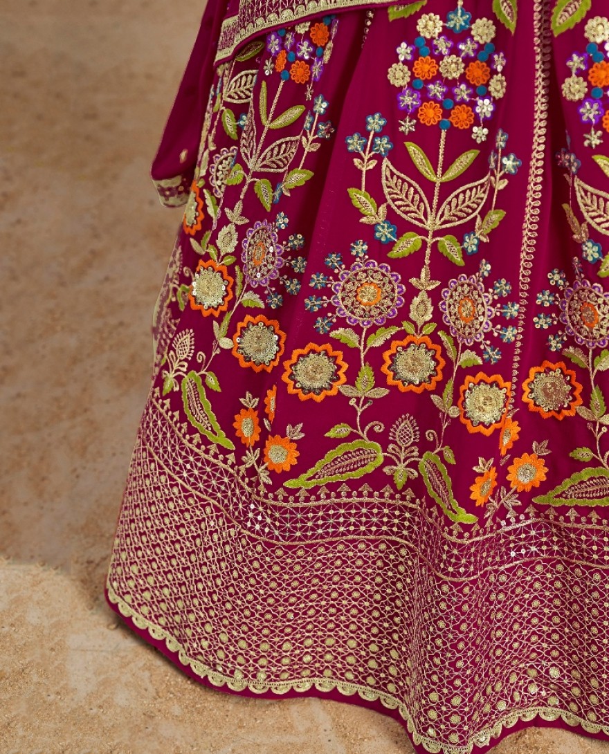 6008-PINK - Stunning Pink Thread Work Georgette Engagement Wear Lehenga With Blouse